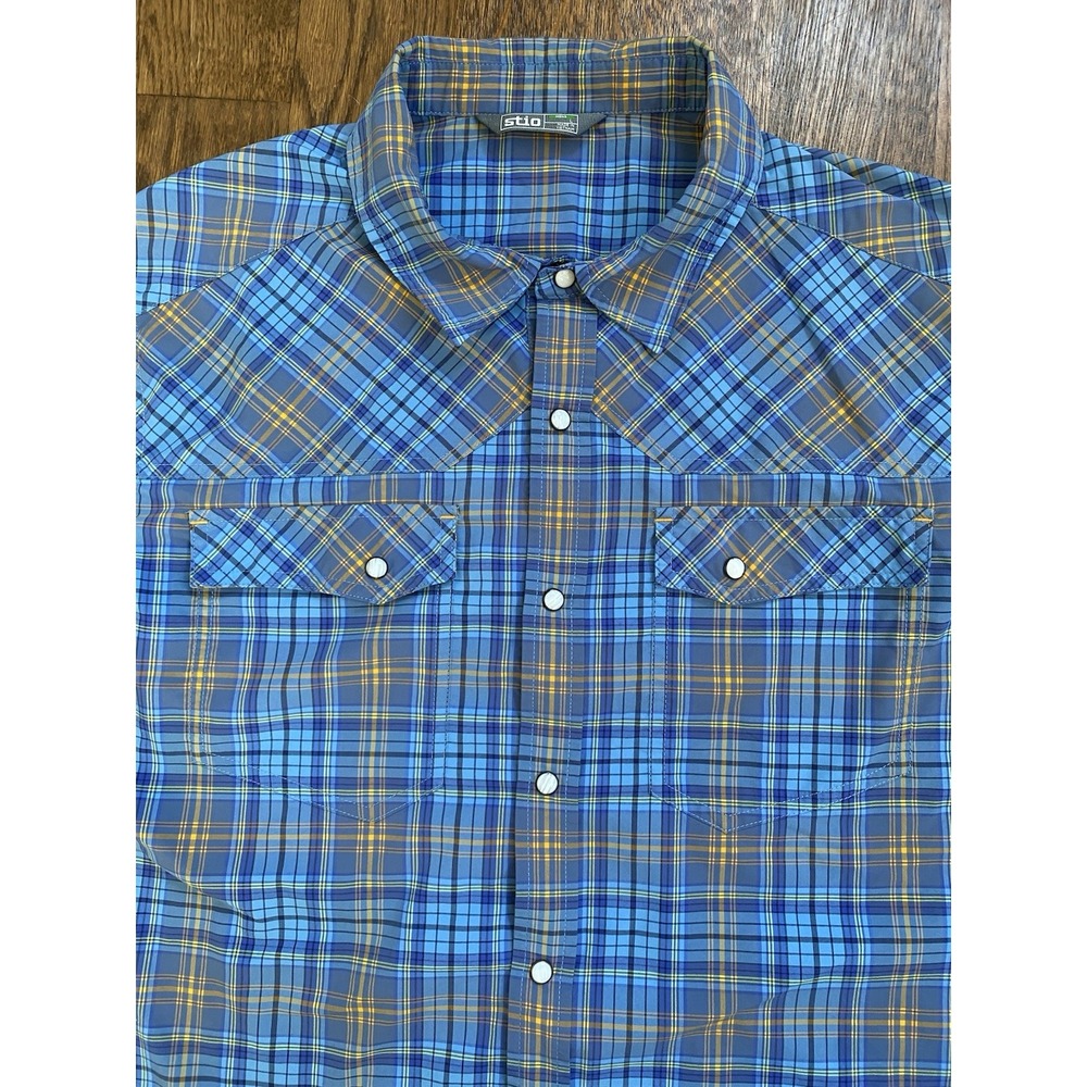 Stio Mens Eddy Shirt Short Sleeve Plaid Pearl Snap Tech Blue Western Large